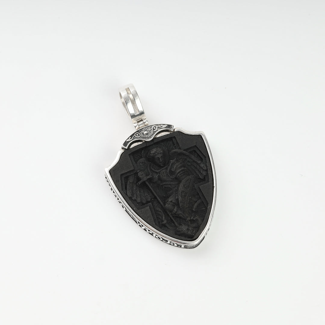 Silver 925 Tryzub pendant with ebony wood inlay, detail