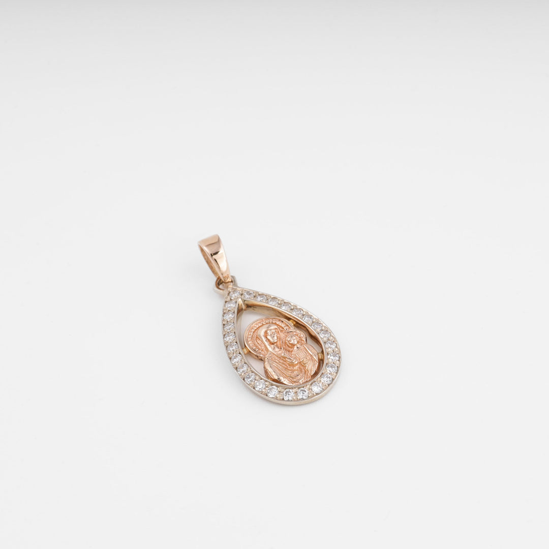 Virgin Mary Drop Pendant 14K (585) Rose Gold with Zirconia | Ukrainian Jewelry