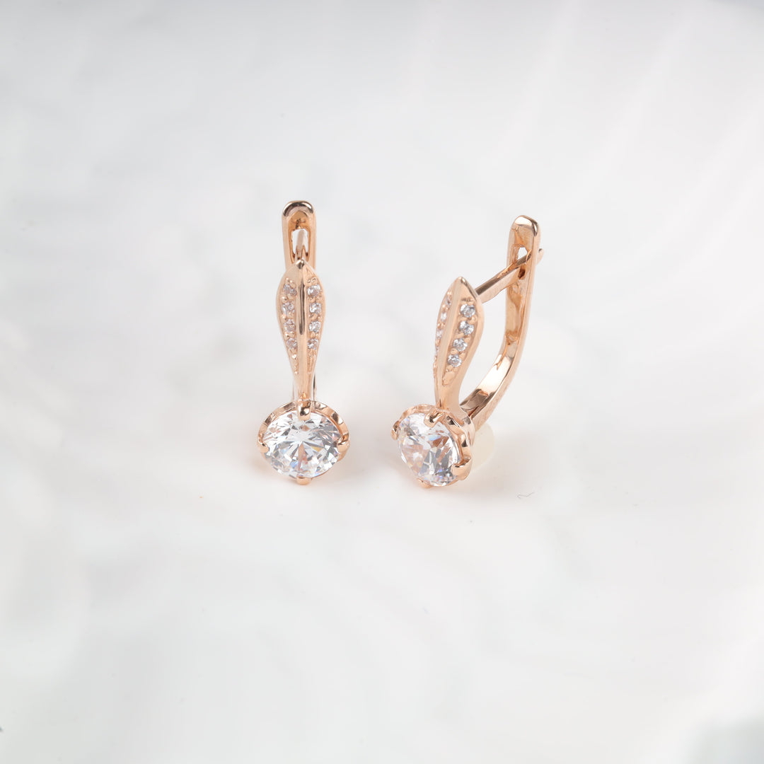 Rose Gold 585 Earrings with Solitaire and Pavé Cubic Zirconia | Ukrainian Jewelry