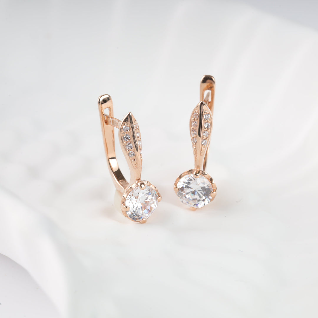 Rose Gold 585 Earrings with Solitaire and Pavé Cubic Zirconia | Ukrainian Jewelry