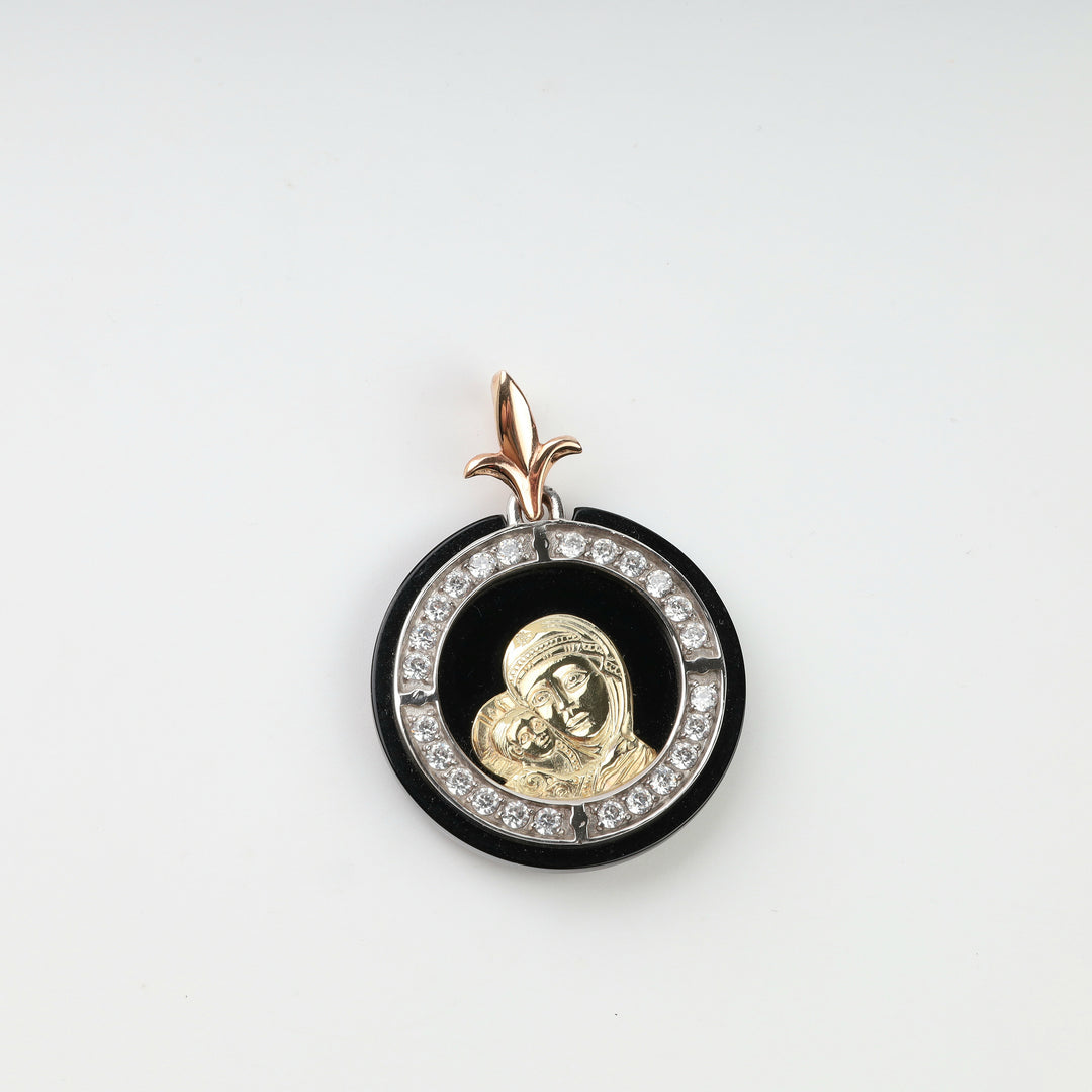 Gold Mother of God and Child pendant with a rose gold lily-shaped bail