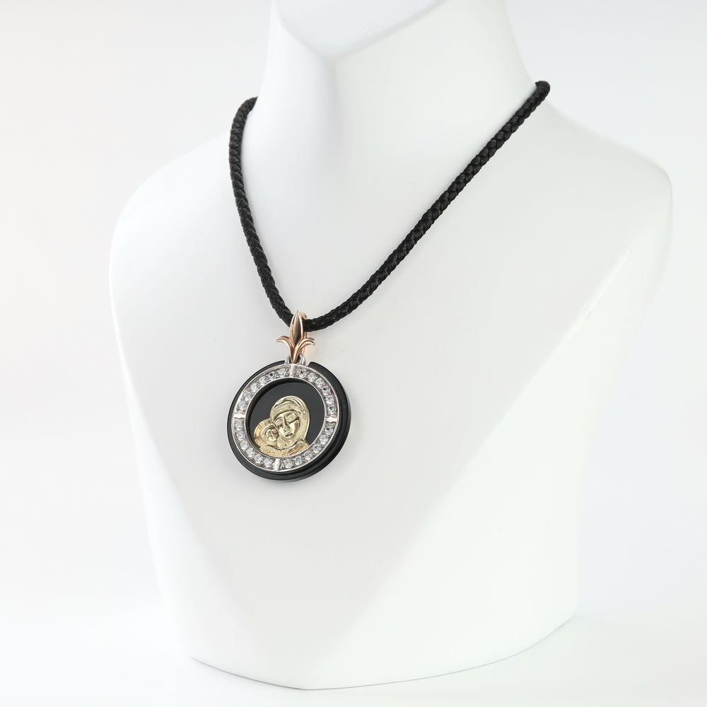 Mother of God and Child gold icon pendant with black onyx, front view