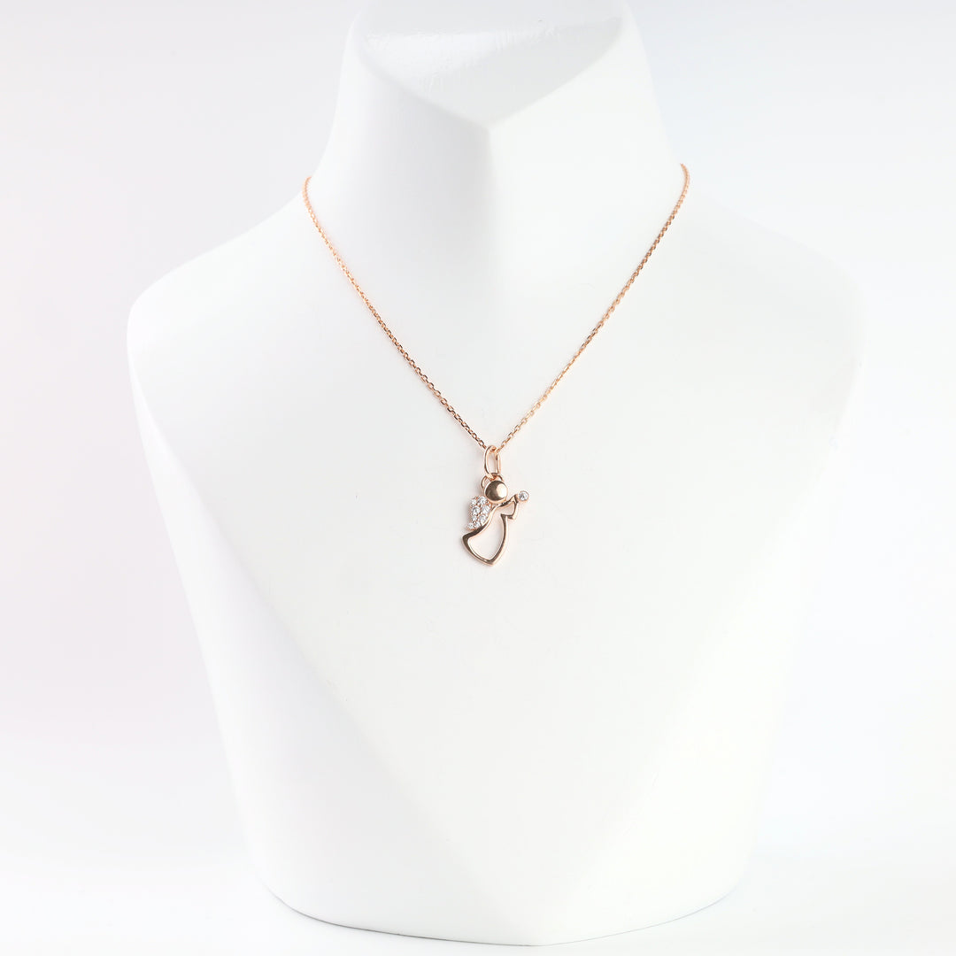 14K rose gold angel pendant with cubic zirconia on a thin chain