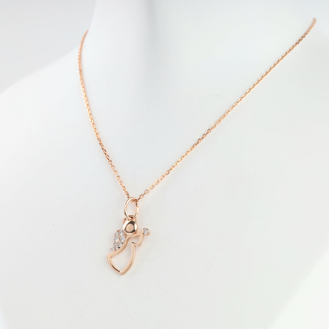 Rose gold angel pendant with cubic zirconia wing, detail