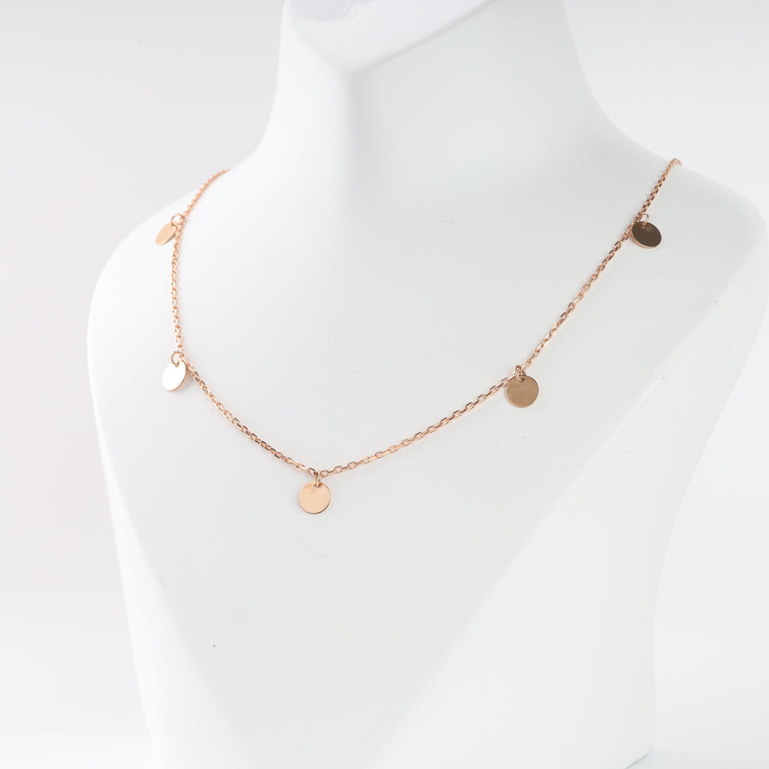 Rose gold disc necklace on a fine cable chain, detail
