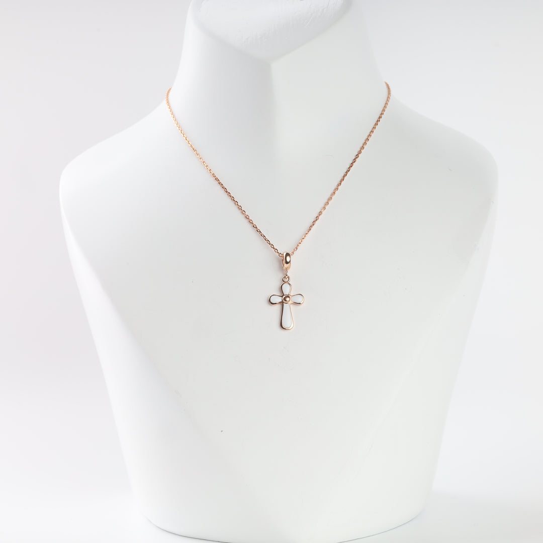 14K rose gold cross pendant with white enamel on a chain