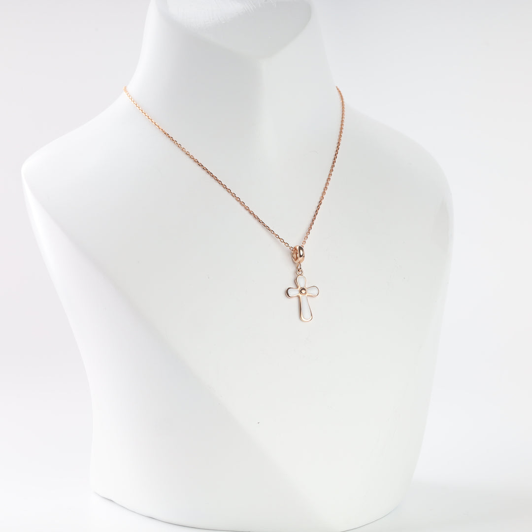 Rose gold white enamel cross pendant, detail