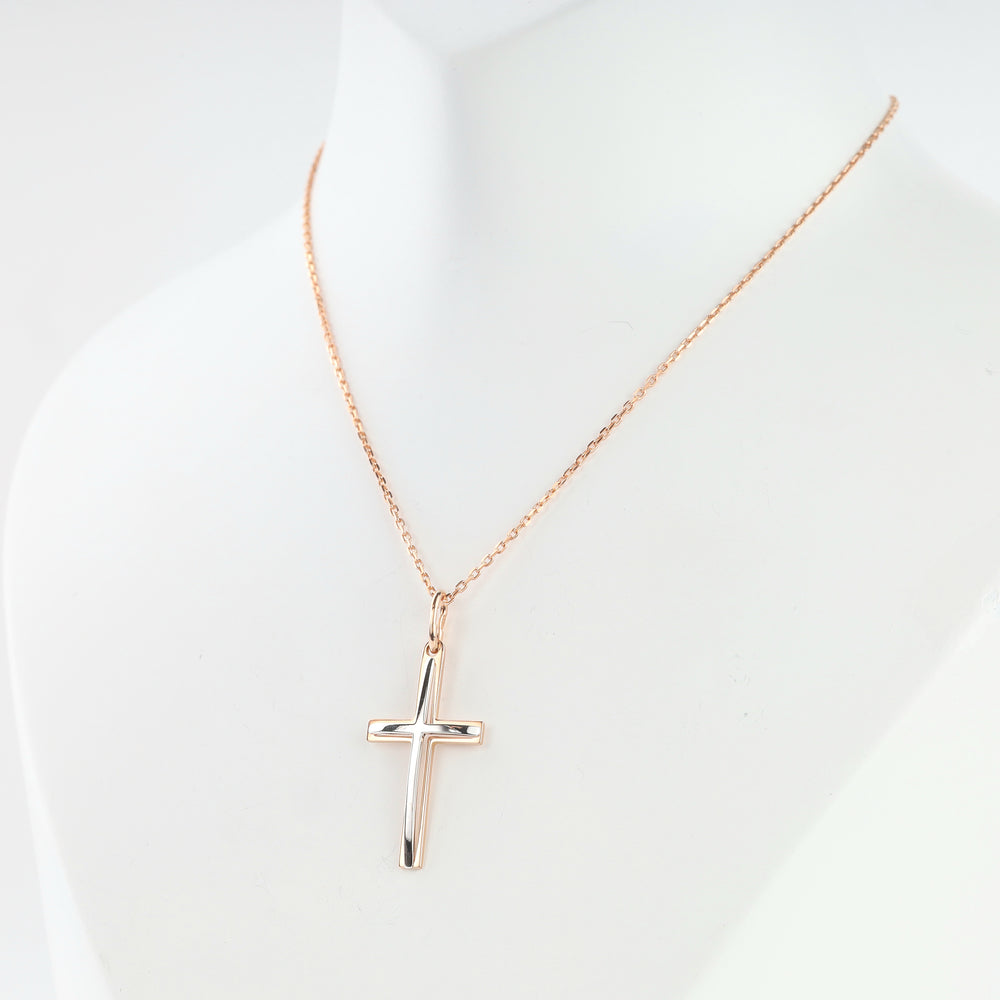 Rose and white gold 585 cross pendant, front view