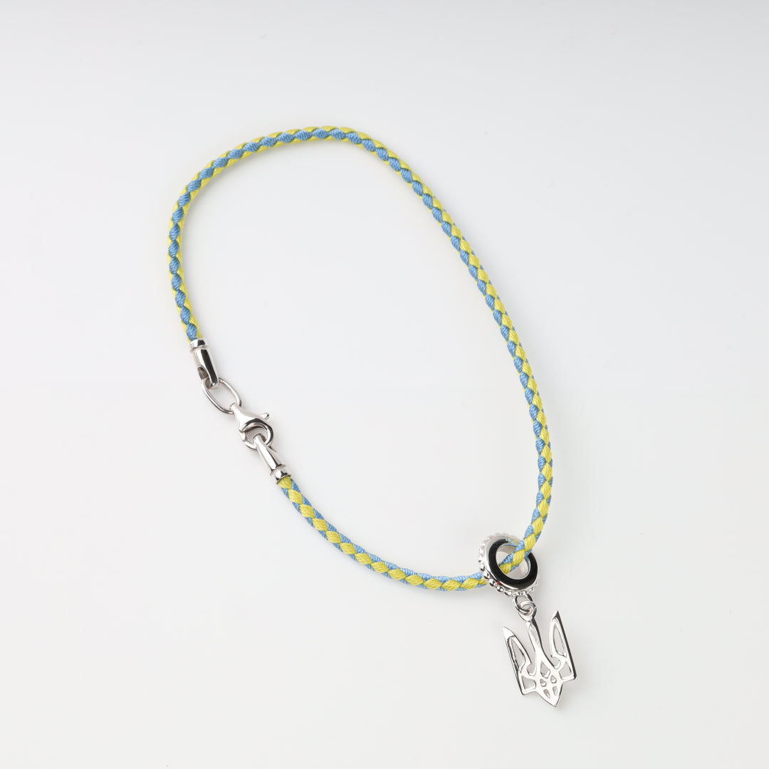 Blue and yellow cord bracelet with Silver 925 Ukrainian Tryzub charm