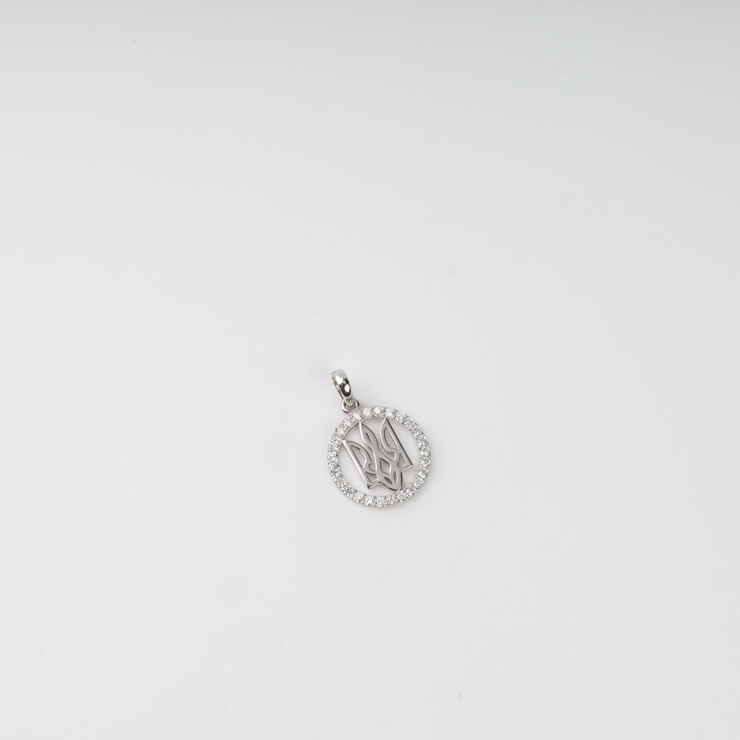 Round sterling silver 925 Tryzub pendant with a border of clear stones