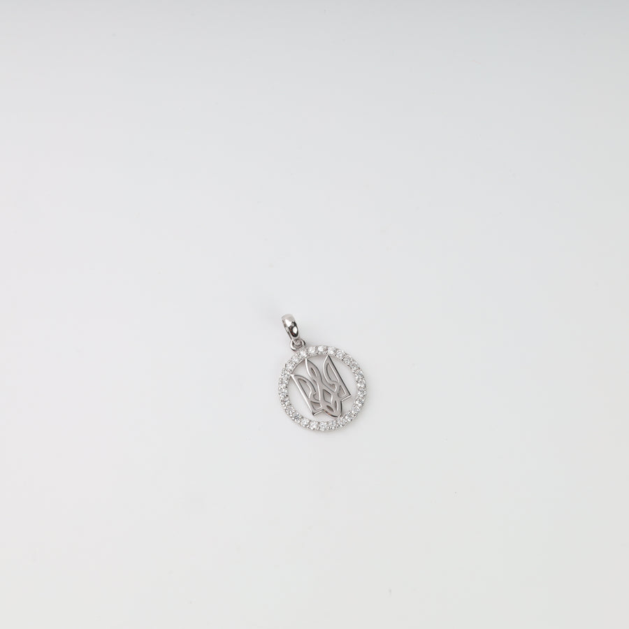 Round sterling silver 925 Tryzub pendant with a border of clear stones
