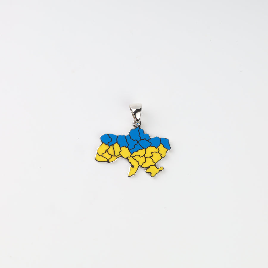 Front view of the silver 925 Ukraine map pendant with blue and yellow colored inlay and regional outlines