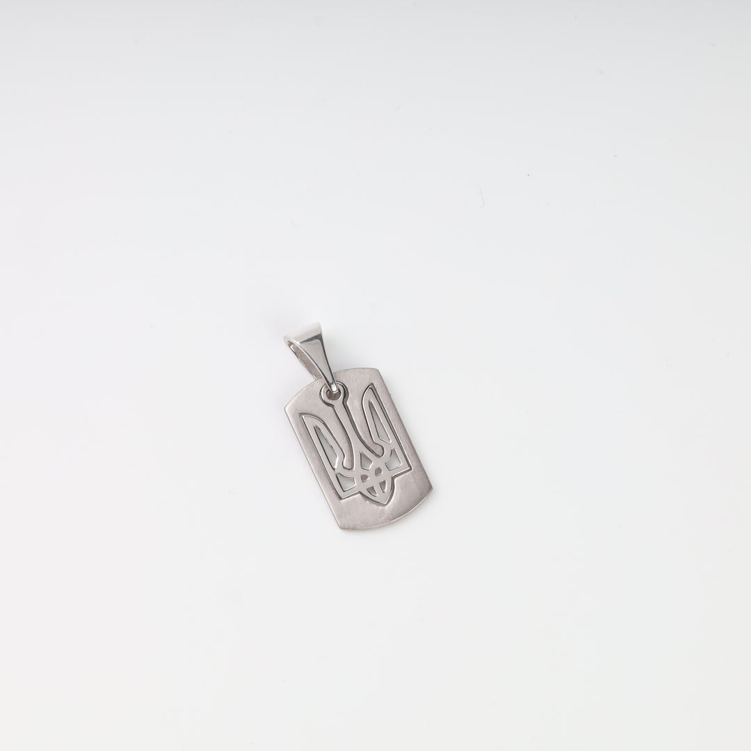 Front view of the rhodium-plated silver 925 tag pendant with a raised openwork Ukrainian Tryzub