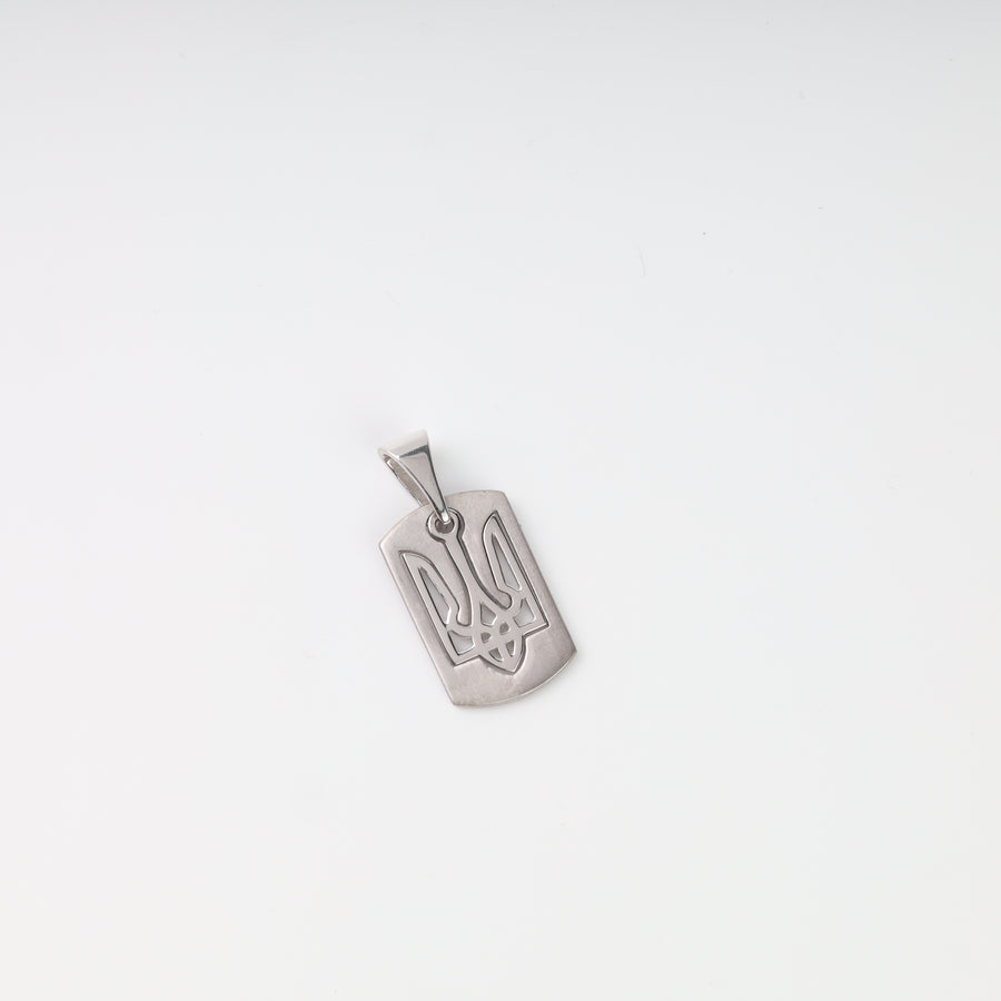 Front view of the rhodium-plated silver 925 tag pendant with a raised openwork Ukrainian Tryzub