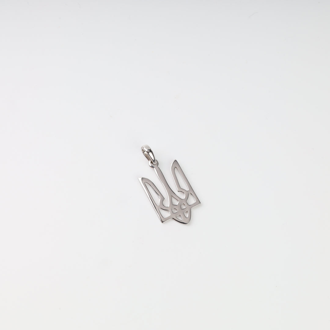 Angled view of the polished silver 925 geometric openwork Tryzub pendant