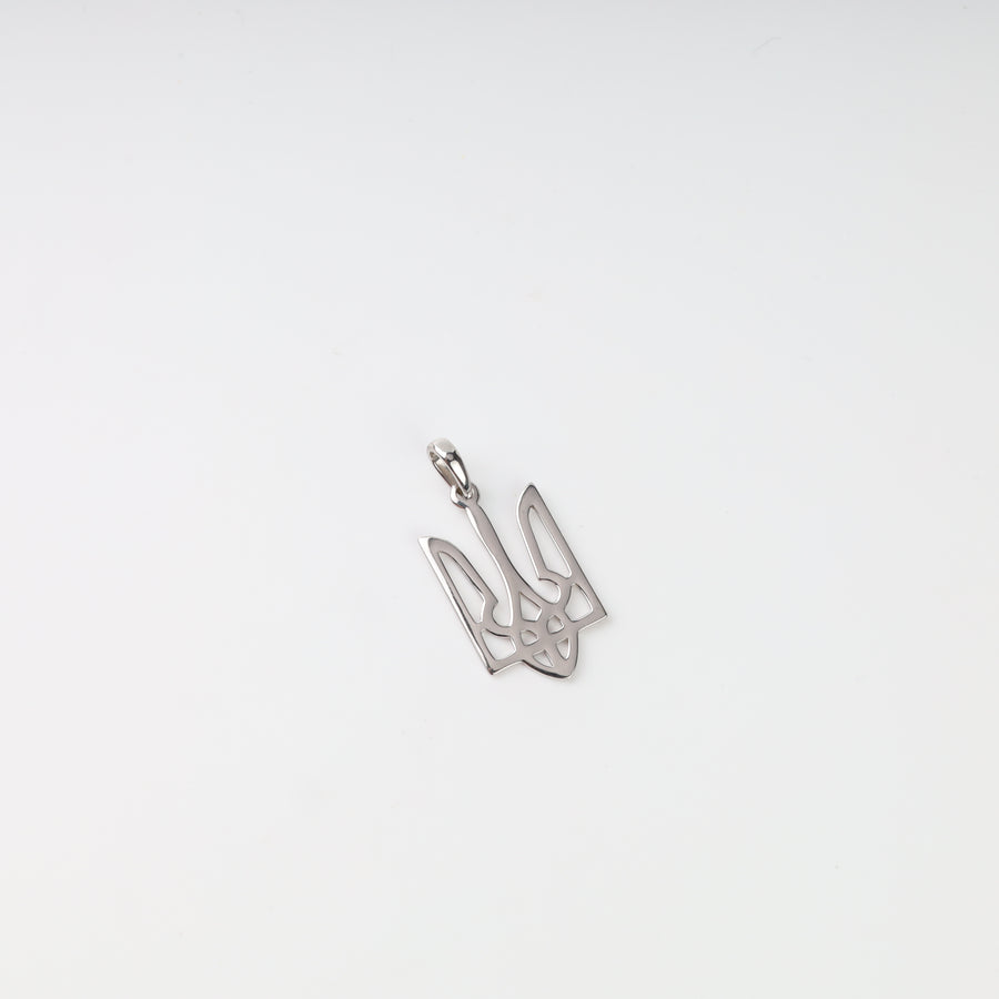 Angled view of the polished silver 925 geometric openwork Tryzub pendant