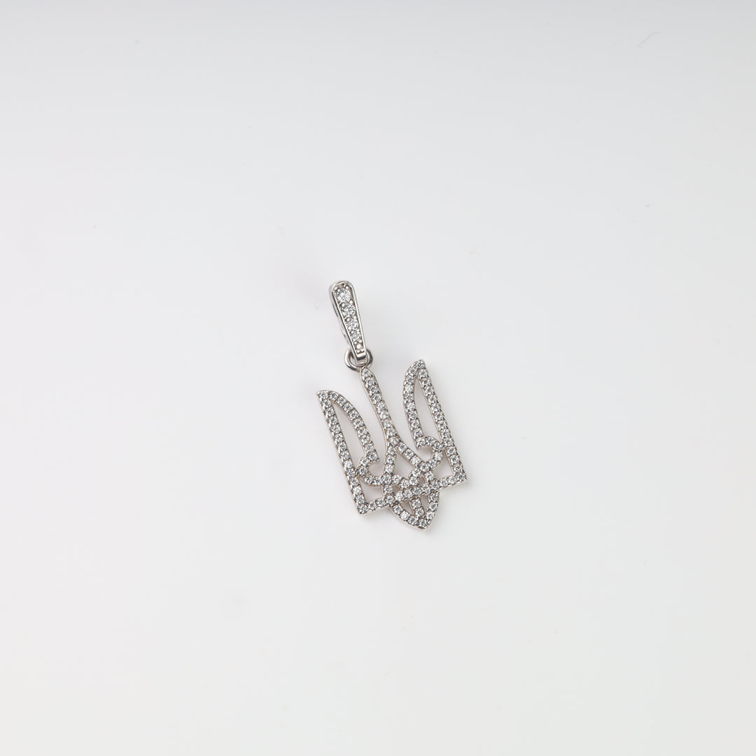 Front view of the silver 925 openwork Ukrainian Tryzub pendant covered with pavé-set clear stones