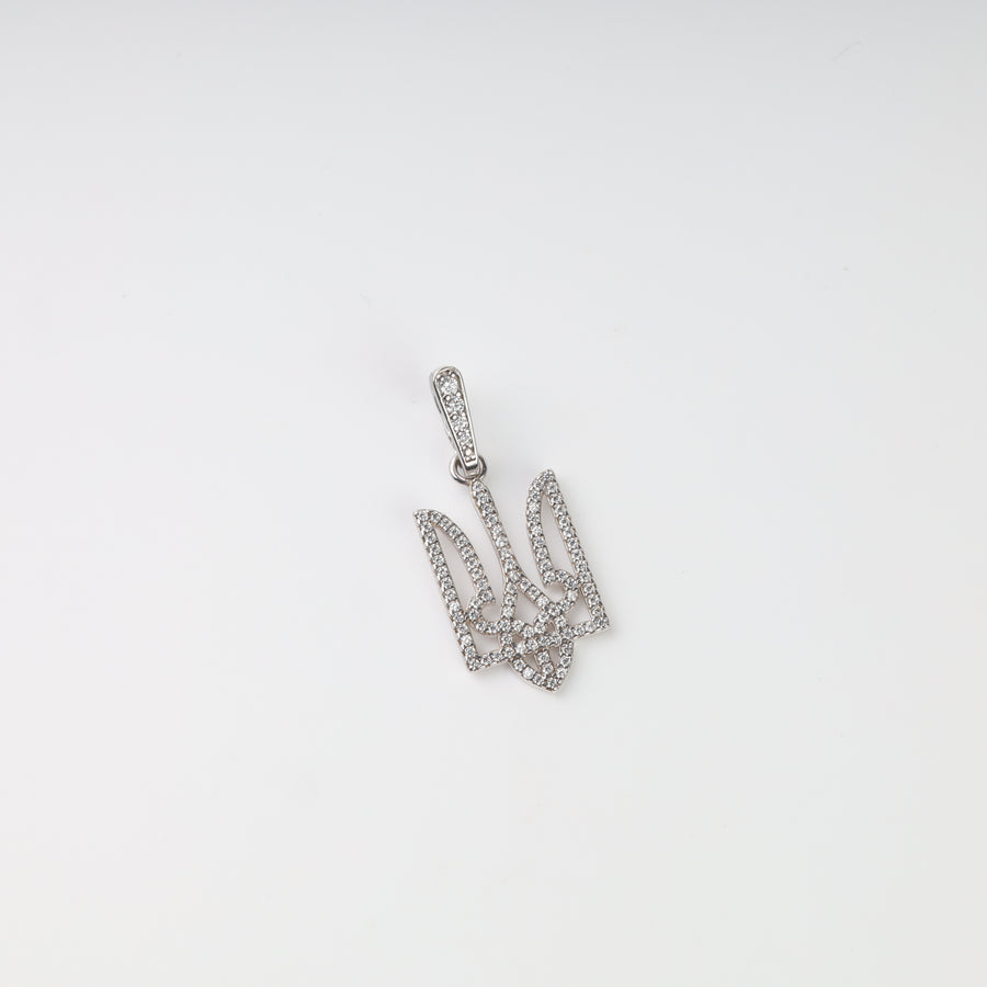 Front view of the silver 925 openwork Ukrainian Tryzub pendant covered with pavé-set clear stones