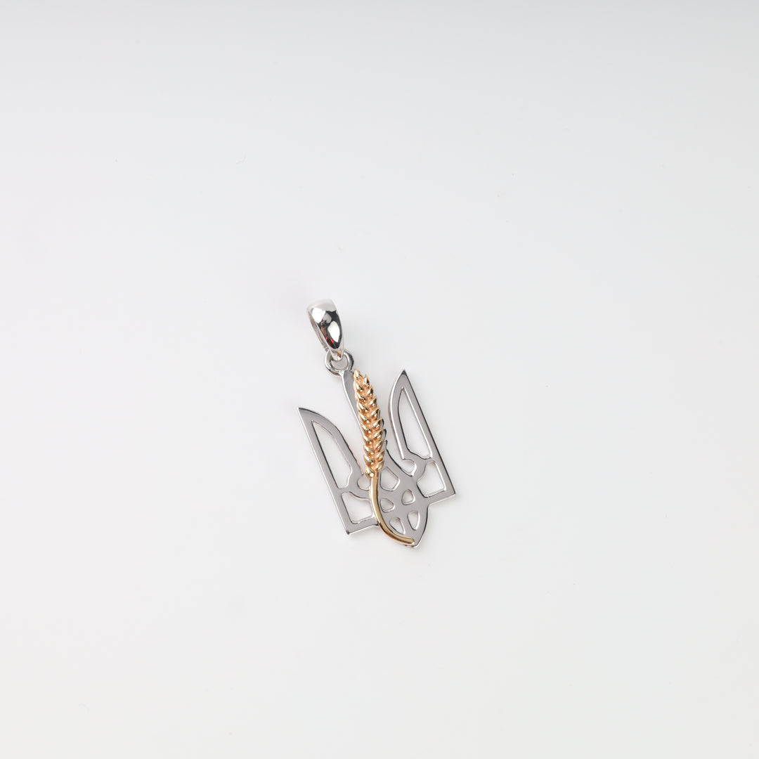 Front view of the silver 925 openwork Tryzub pendant with a raised gold-plated wheat ear