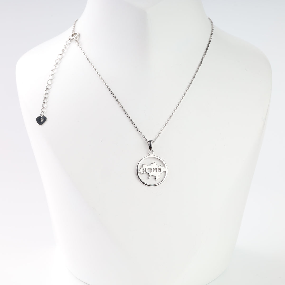 Silver 925 Ukraine map Home necklace shown on a display bust with a 40 cm chain and 5 cm extender