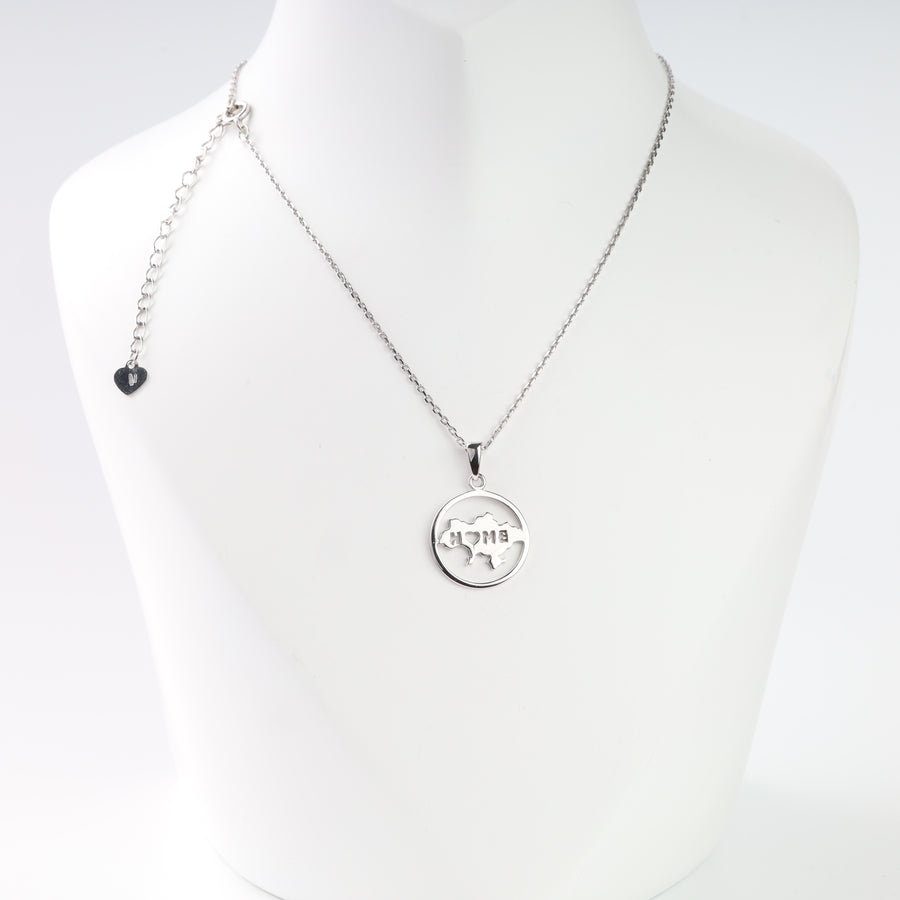 Silver 925 Ukraine map Home necklace shown on a display bust with a 40 cm chain and 5 cm extender