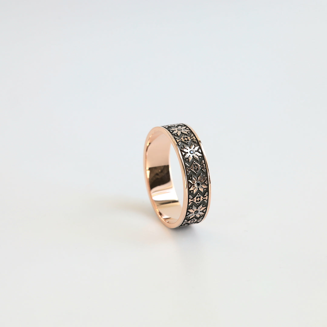 14K rose gold Ukrainian folk wedding band with blackened cross-stitch ornament