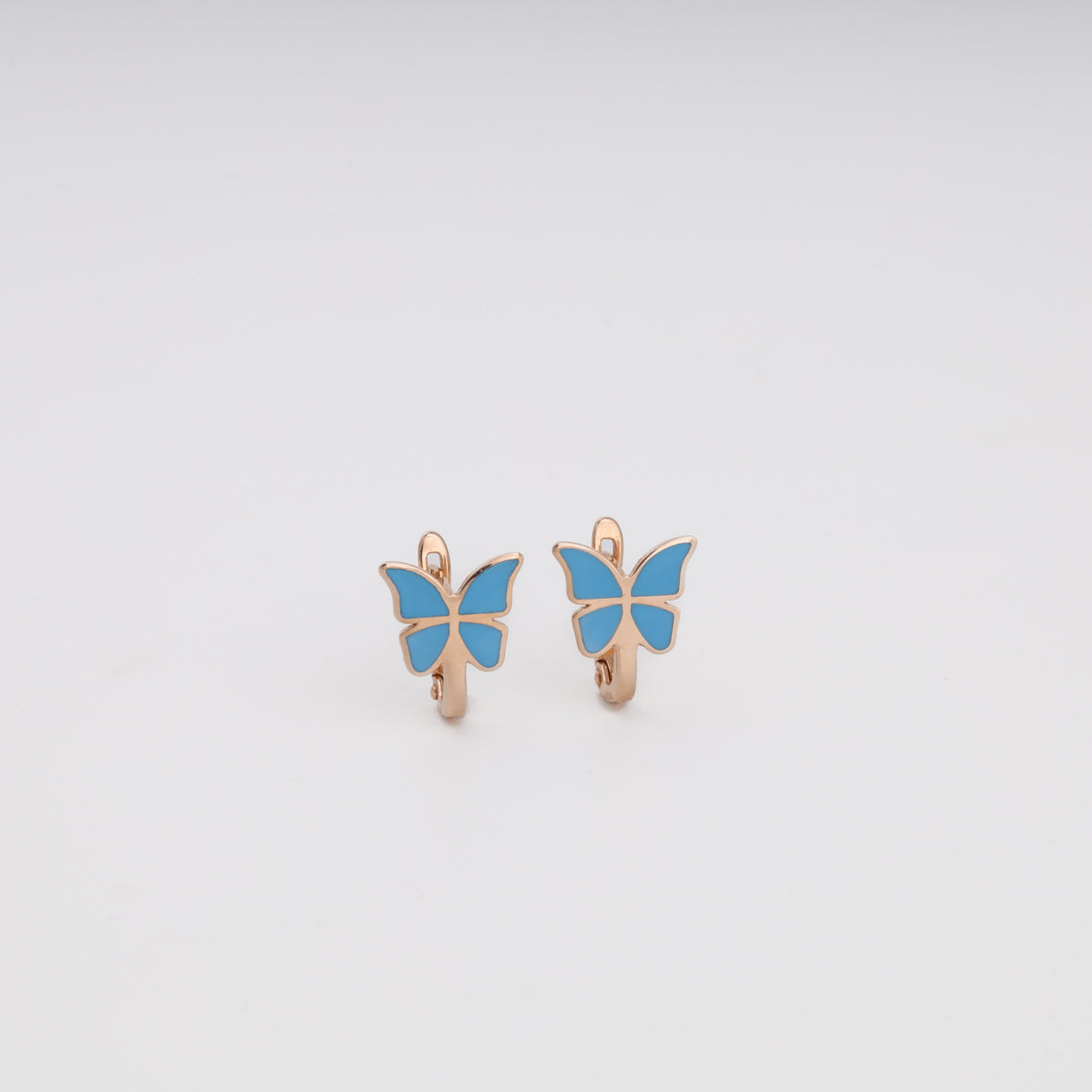 Butterfly earrings with blue enamel in 14K Rose Gold 585, front view — Ukrainian Jewelry