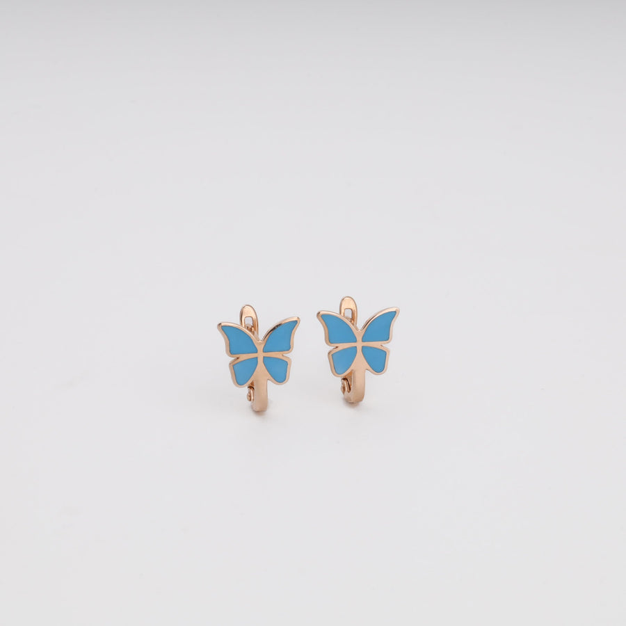 Butterfly Earrings with Blue Enamel 14K (585) Rose Gold | Ukrainian Jewelry