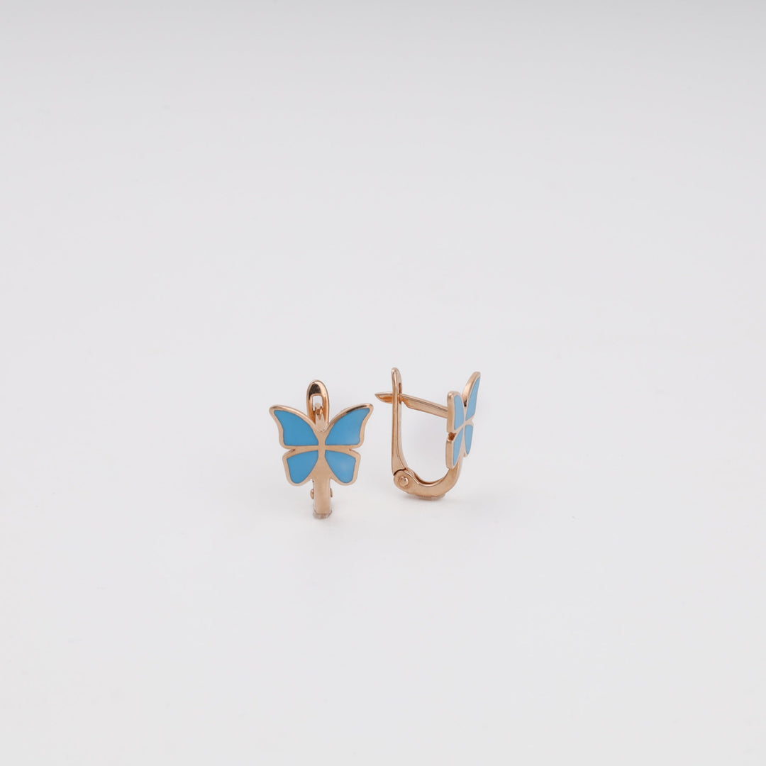 Butterfly Earrings with Blue Enamel 14K (585) Rose Gold | Ukrainian Jewelry
