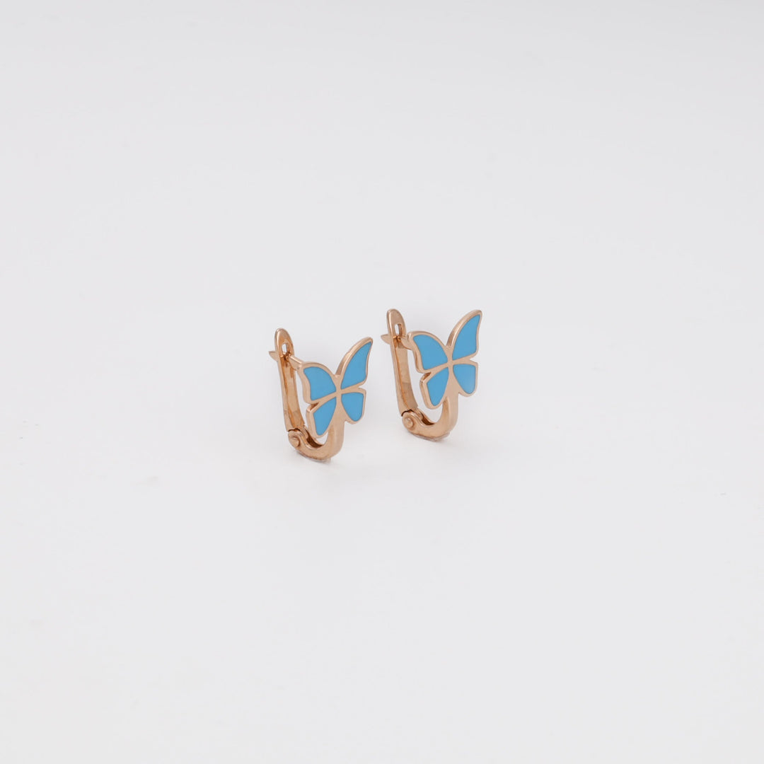 Butterfly Earrings with Blue Enamel 14K (585) Rose Gold | Ukrainian Jewelry