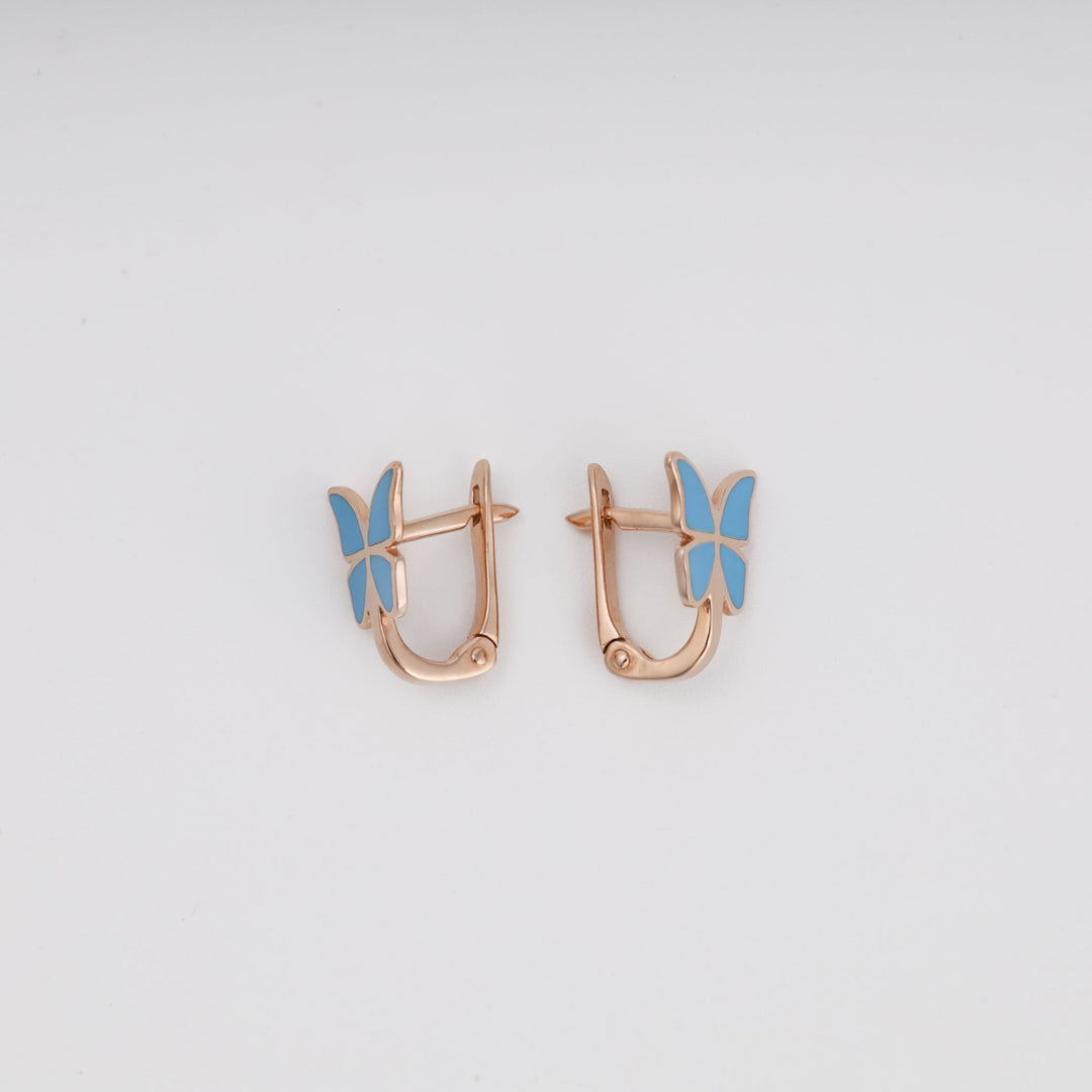 Butterfly Earrings with Blue Enamel 14K (585) Rose Gold | Ukrainian Jewelry
