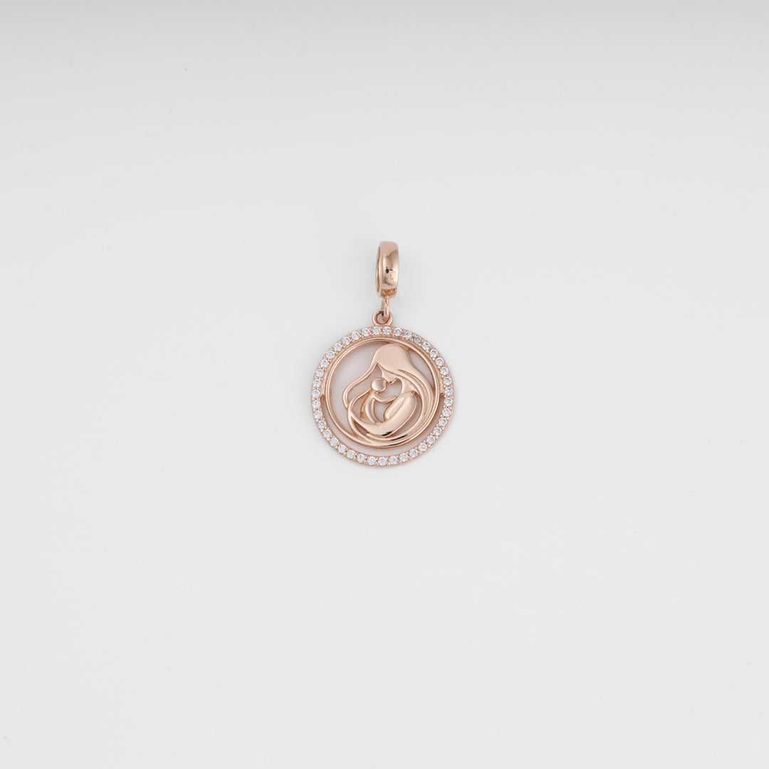 14K rose gold 585 mother child pendant close-up, sparkle cubic zirconia frame — Ukrainian Jewelry