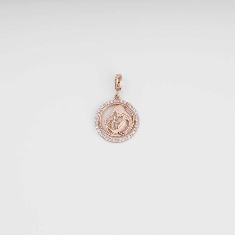 14K rose gold 585 mother child pendant close-up, sparkle cubic zirconia frame — Ukrainian Jewelry