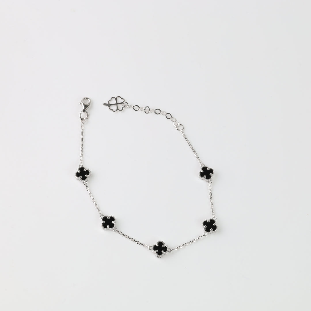 Delicate Clover Bracelet with black onyx | 14 K White Gold (585) | Ukrainian Jewelry