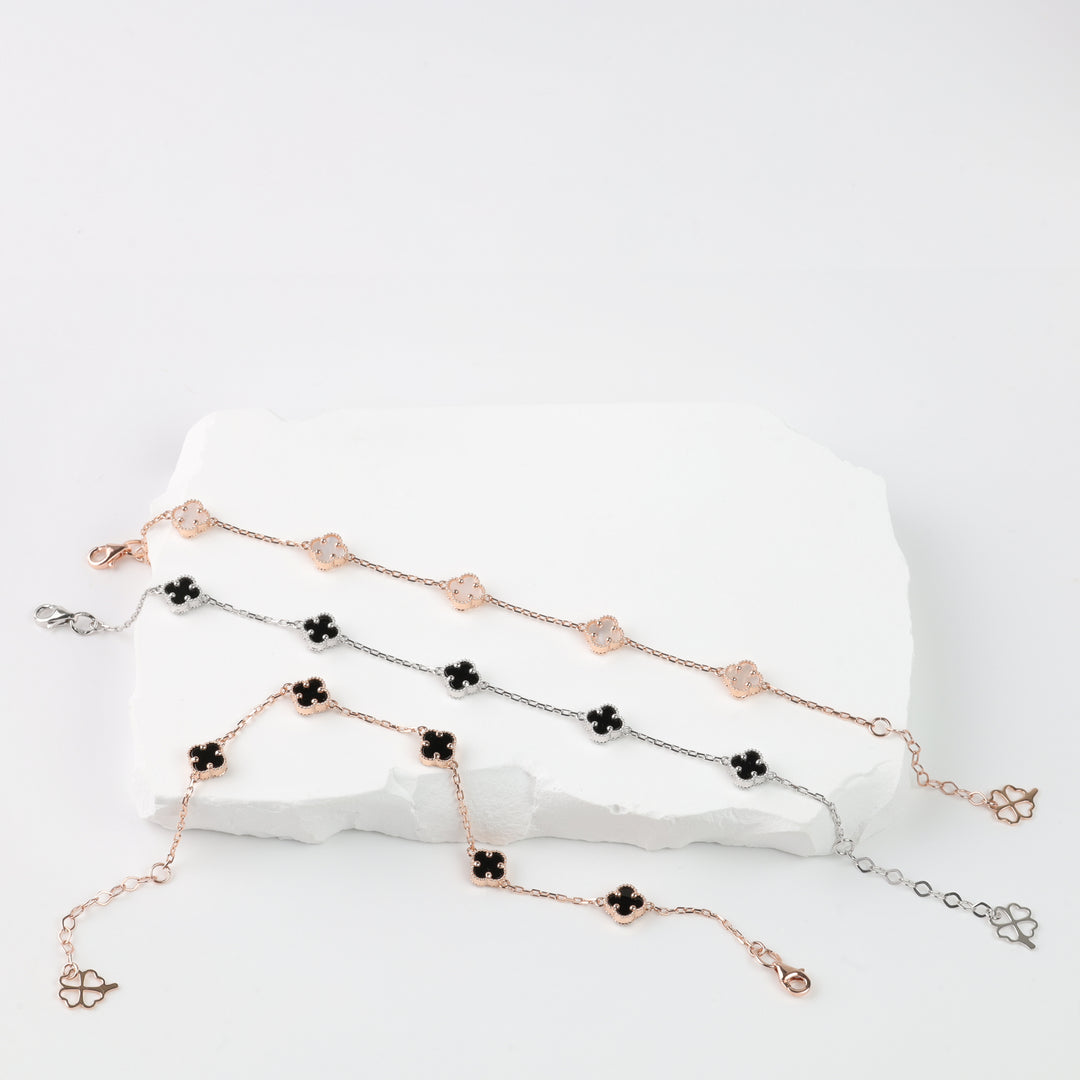 Delicate Clover Bracelet with black onyx | 14 K White Gold (585) | Ukrainian Jewelry