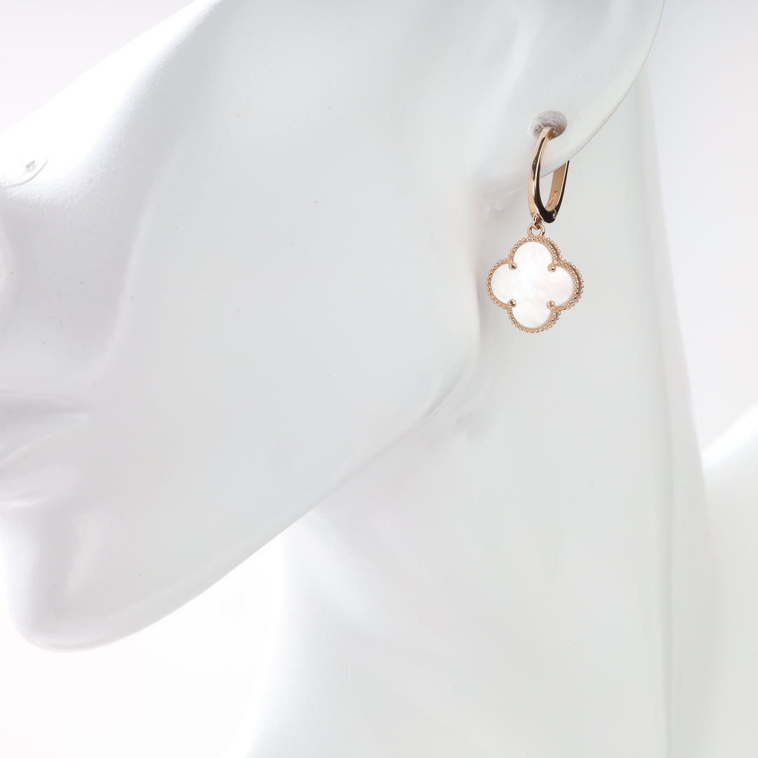 Front view of a mother-of-pearl clover earring in rose gold