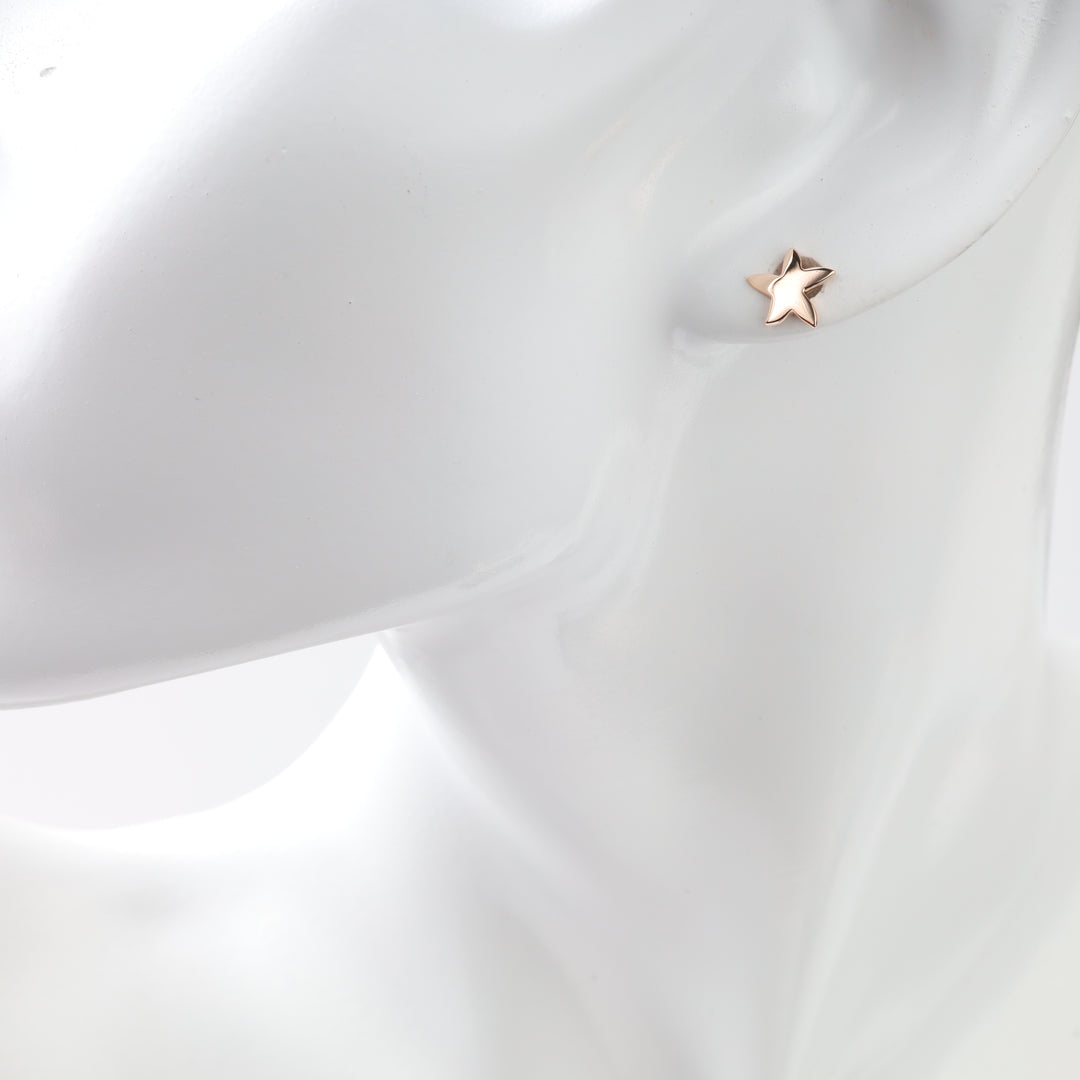 Rose gold star stud earring shown on an ear display