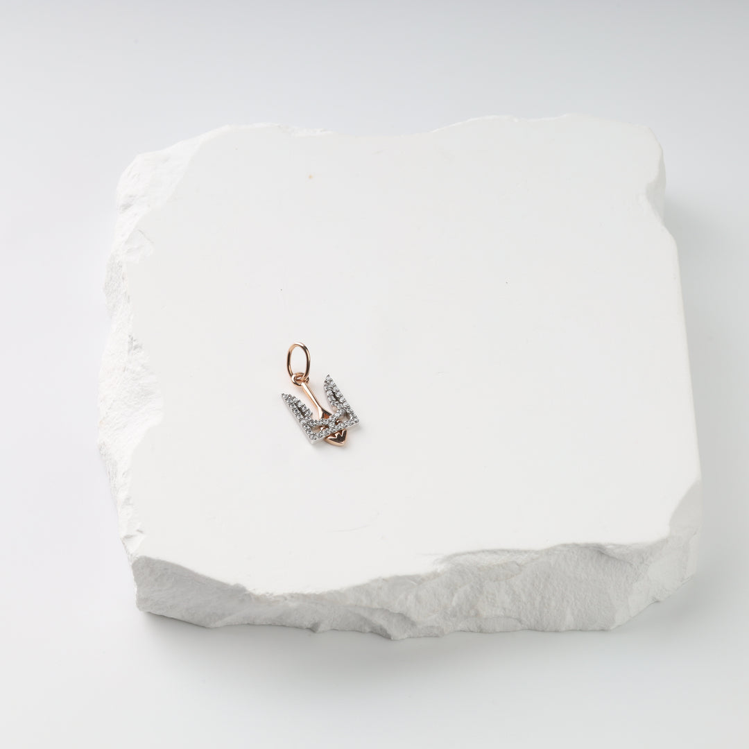 Two-tone 14K gold Ukrainian Tryzub pendant with clear zircon, front view