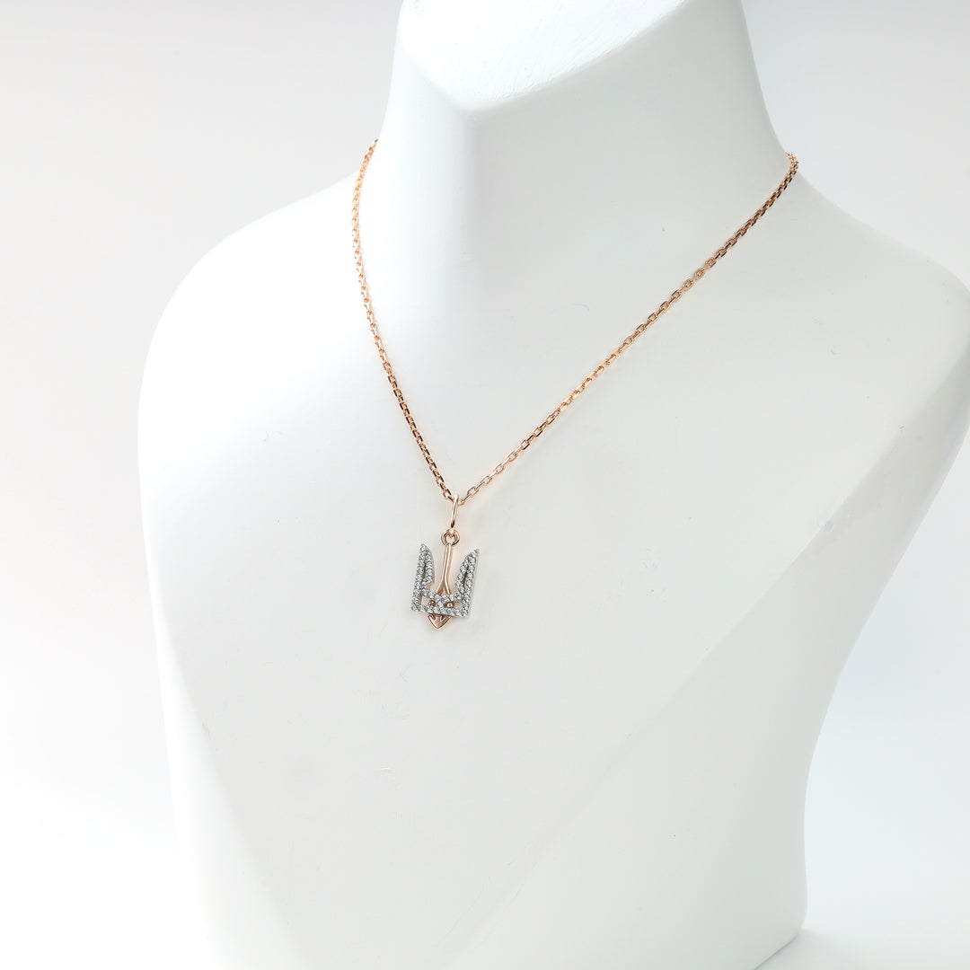 Stone-set Tryzub pendant in rose and white gold tones, centered view