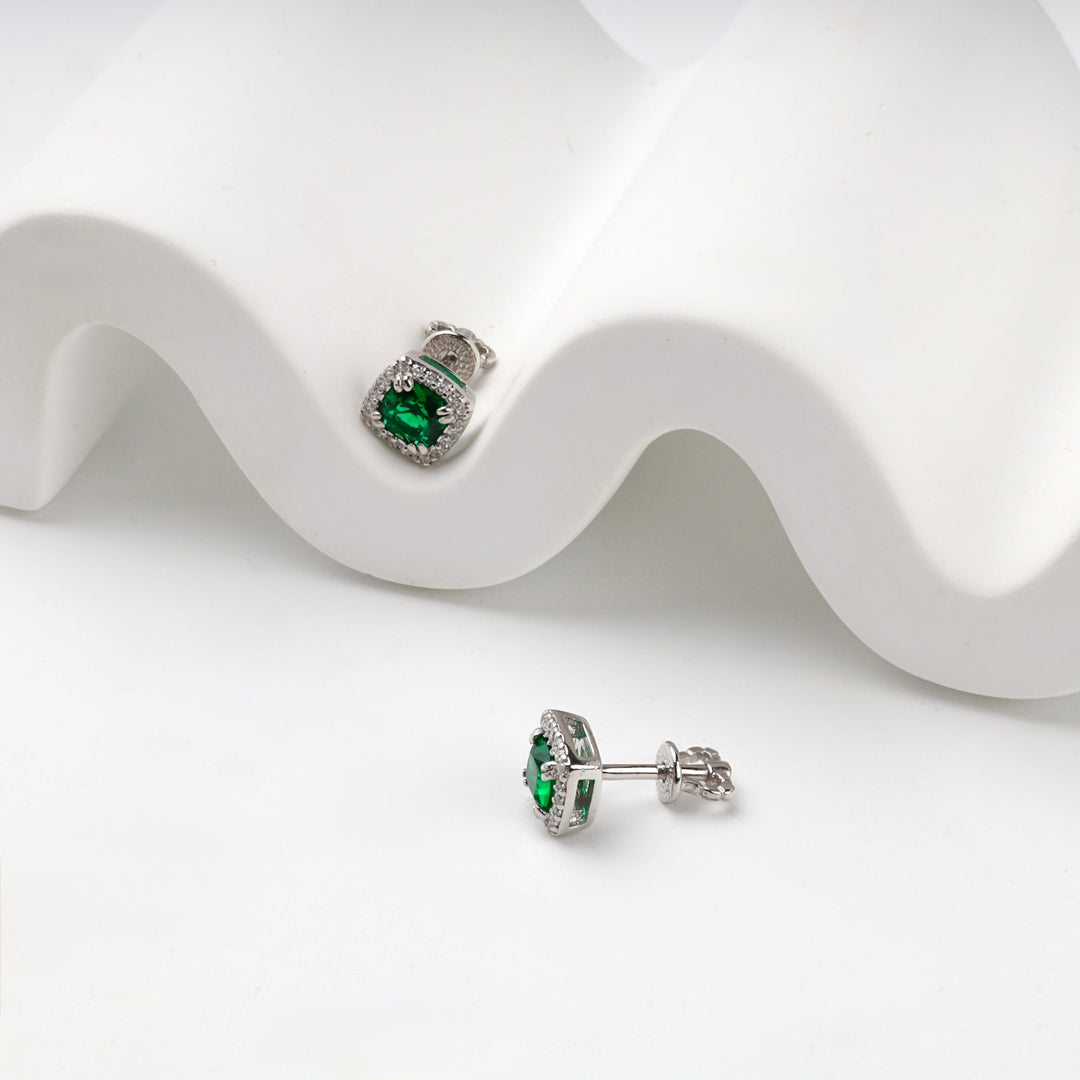 Silver 925 Green Cubic Zirconia Halo Stud Earrings | Ukrainian Jewelry
