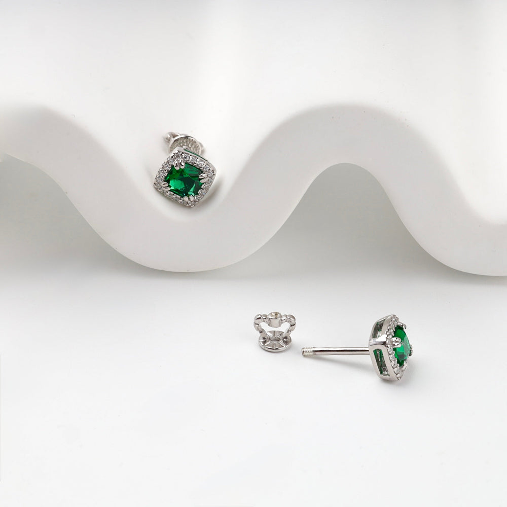 Silver 925 Green Cubic Zirconia Halo Stud Earrings | Ukrainian Jewelry