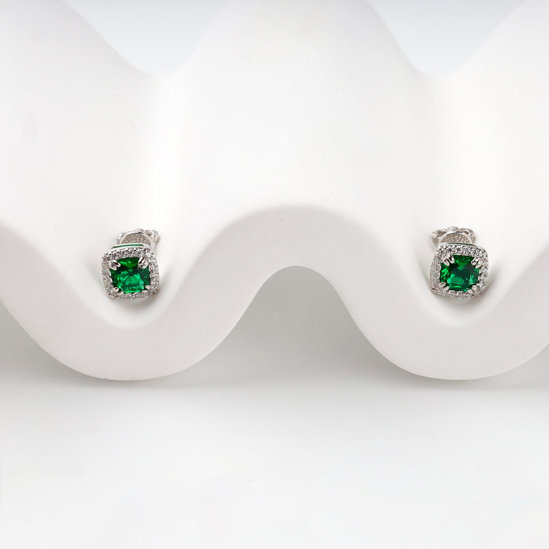 Silver 925 Green Cubic Zirconia Halo Stud Earrings | Ukrainian Jewelry