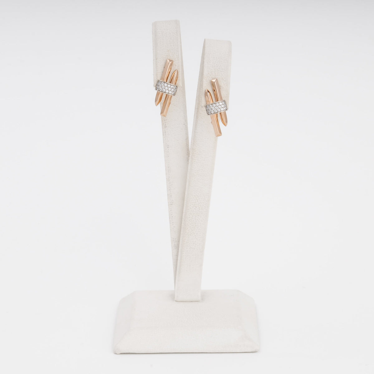 Rose and White Gold Earrings with CZ Bar, 14K (585) | Ukrainian Jewelry