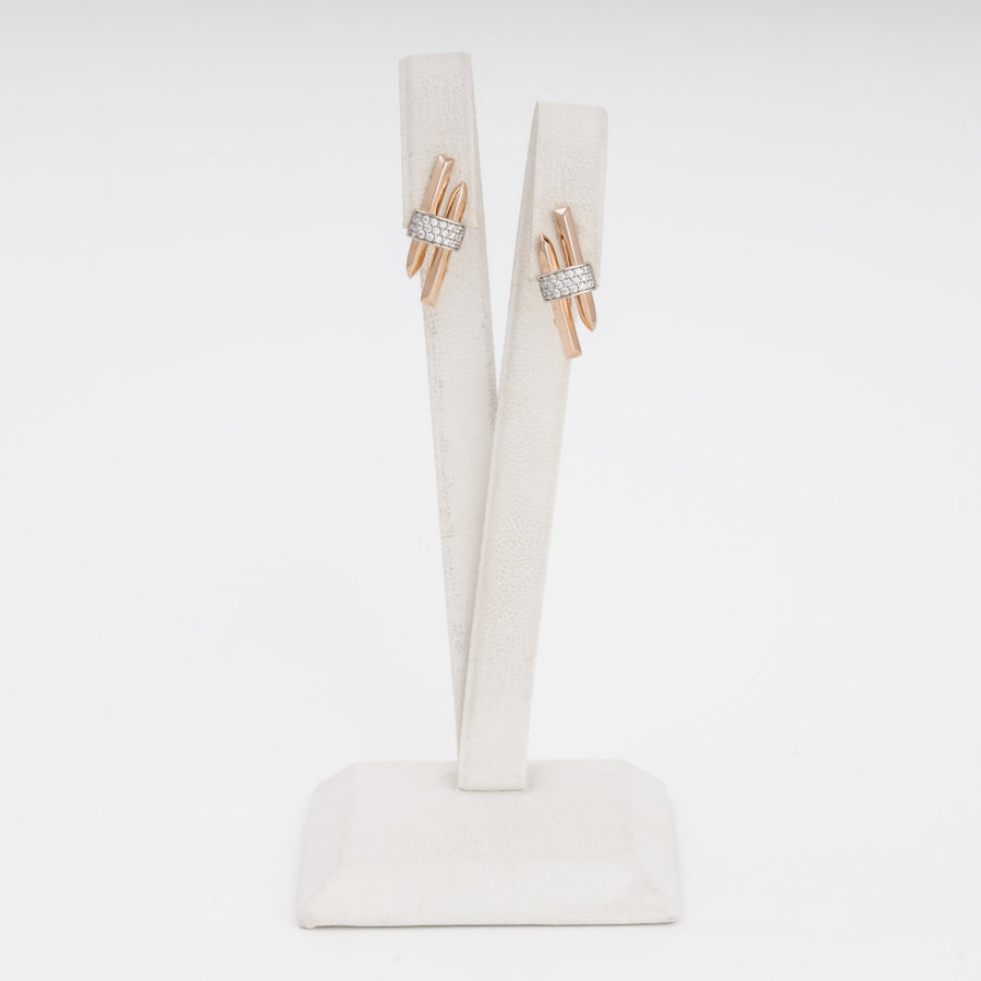 Rose and White Gold Earrings with CZ Bar, 14K (585) | Ukrainian Jewelry
