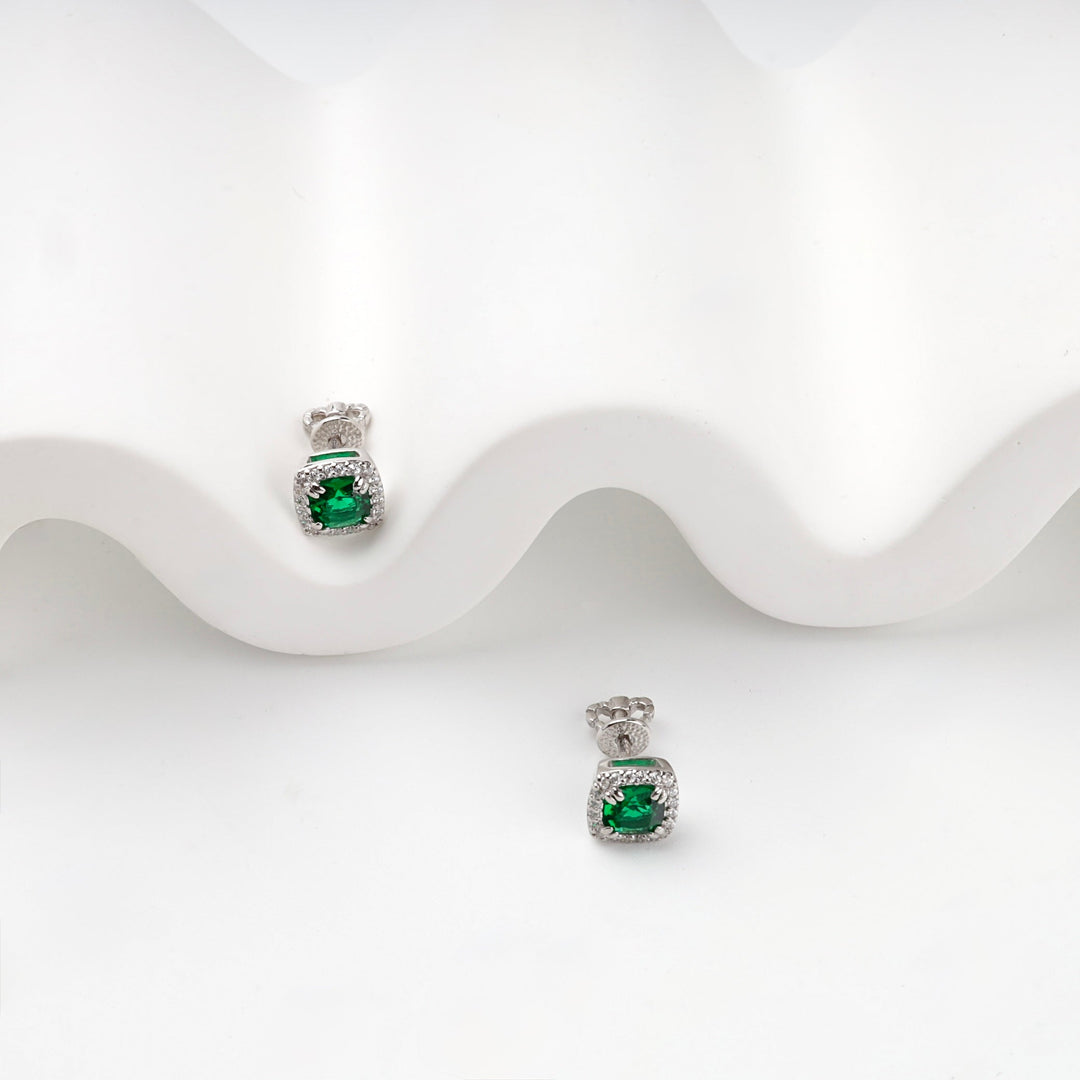 Silver 925 Green Cubic Zirconia Halo Stud Earrings | Ukrainian Jewelry
