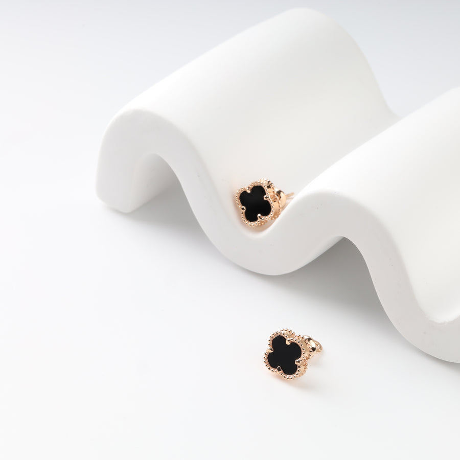 Black onyx four-leaf clover stud earrings in 14K rose gold, front view