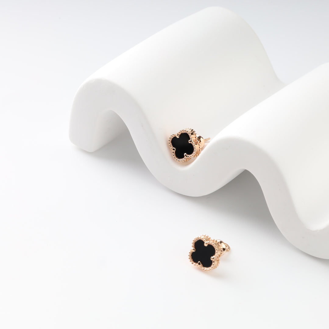 Rose gold clover stud earrings with black onyx and beaded borders