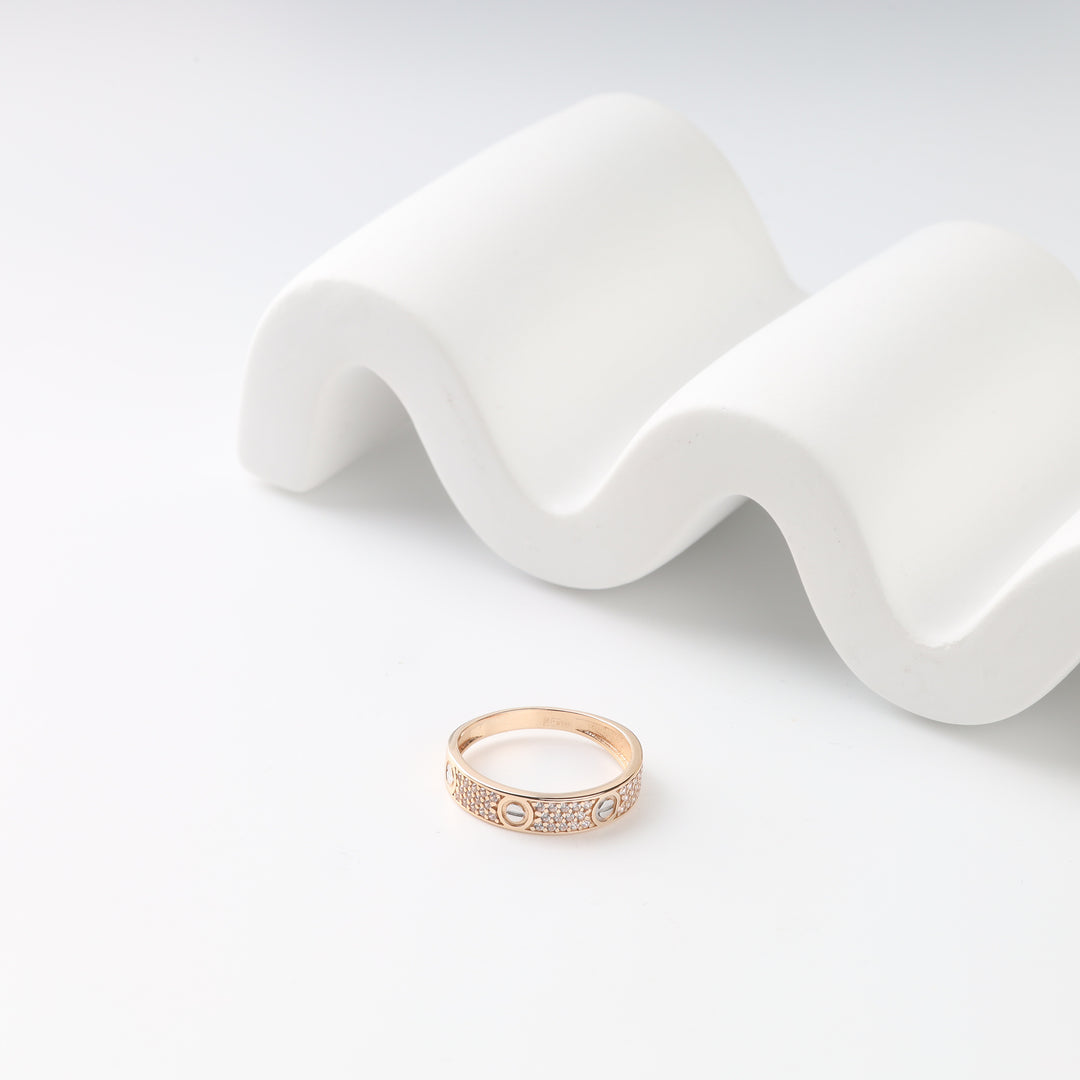 Two-tone 14K gold band ring with pavé cubic zirconia, front view