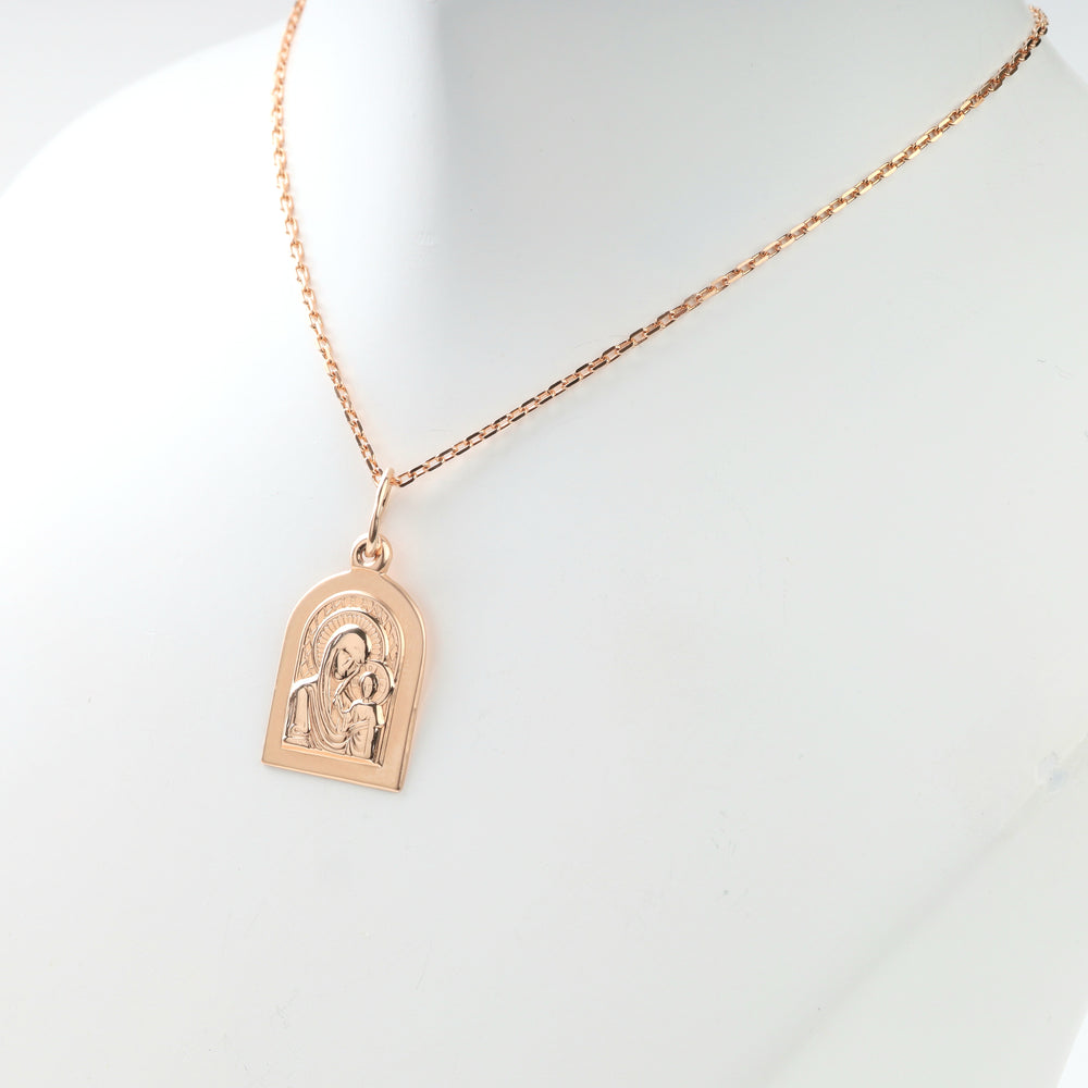 Virgin Mary and Child icon pendant in 14K rose gold on a chain