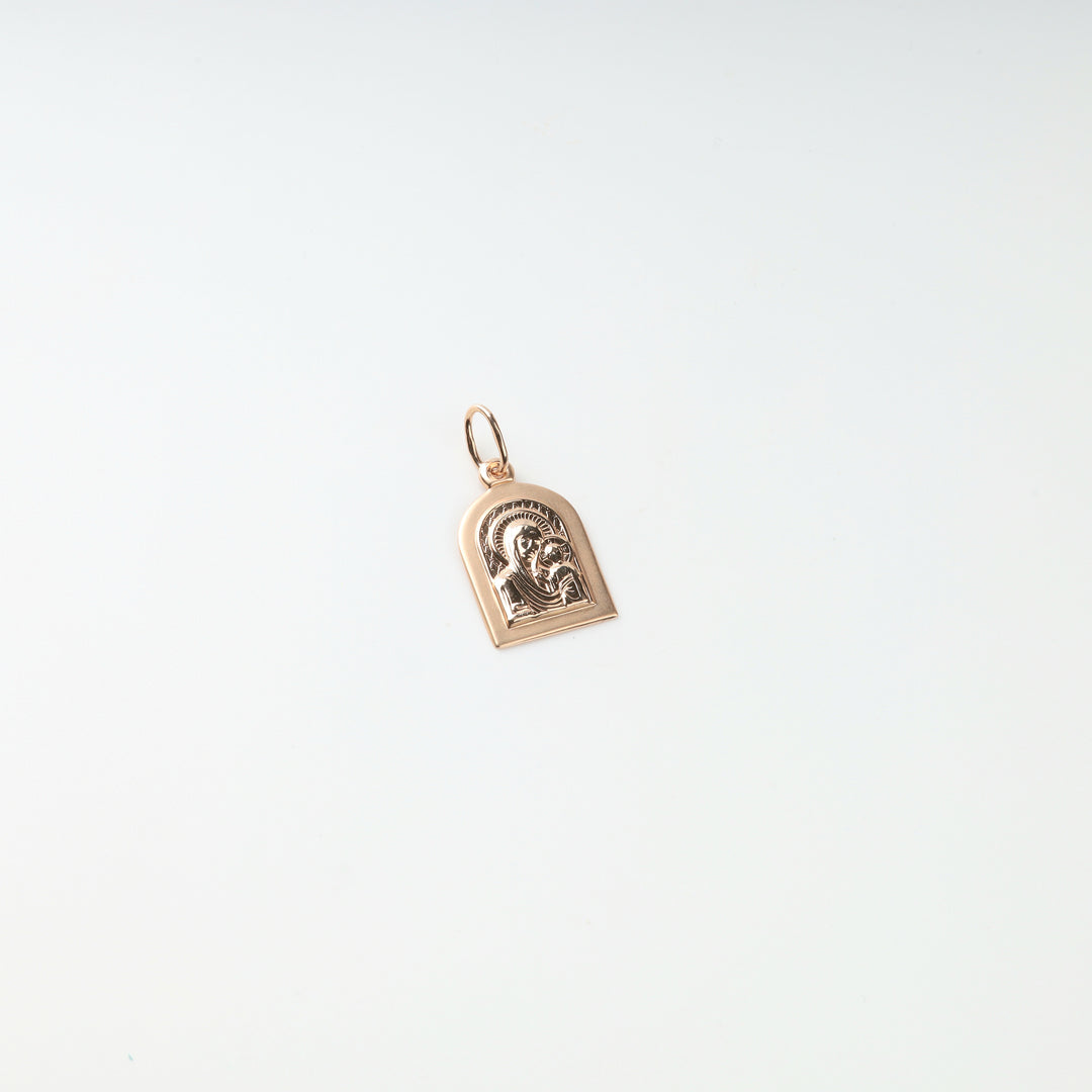 Ukrainian 585 rose gold religious icon pendant, angled front view
